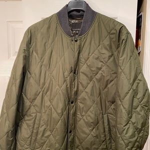 Diamond quilted jacket with grey knit collar and cuffs